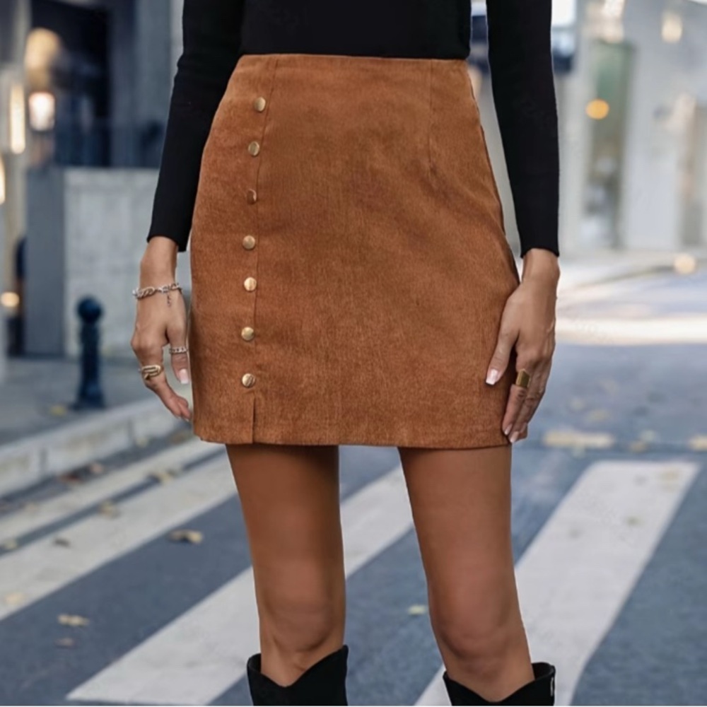 Brown Button-Front Mini Skirt